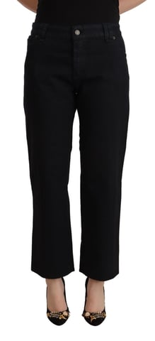 John Galliano Women's Black Cotton Flared Cropped High Waist Denim Jeans
