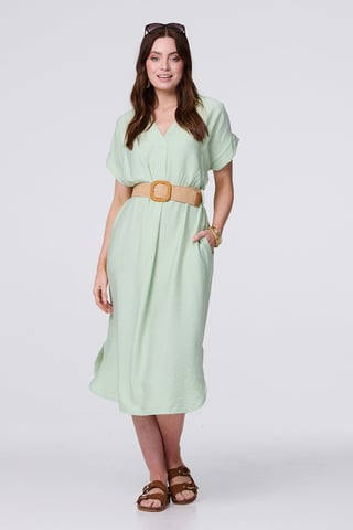 Green V-Neck Short Sleeve Belted Tunic Dress