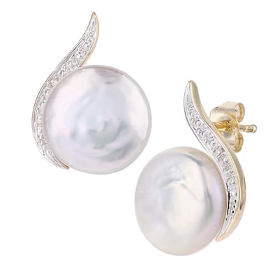 9ct Yellow Gold, 0.01ct Diamonds with White Cultured pearl Earrings