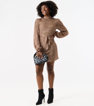 High Neck Long Sleeves Belted Sequin Dress