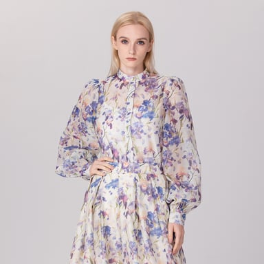 Flower Print Long Sleeve Organza Shirt