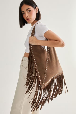 Faux Suede Studded Fringe Day Bag