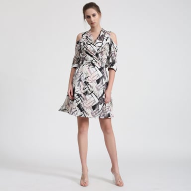 Geometrical Print Bat Sleeves Wrap Effect Dress