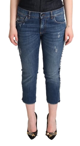 Dolce & Gabbana Blue Washed Mid Waist Denim Logo Cropped Women's Jeans
