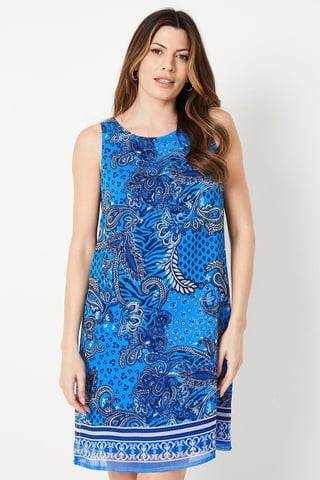 Blue Paisley Border Print Sleeveless Shift Dress