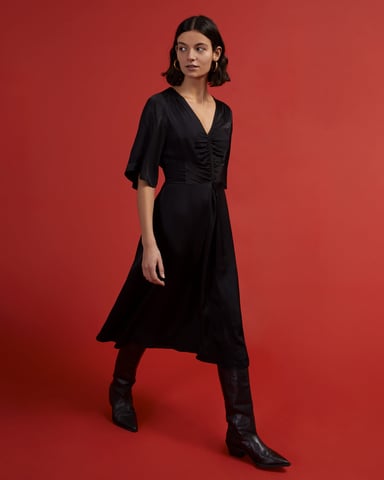 Hammered Satin V Neck Dress