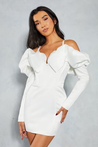 Frill Sleeve Bardot Strap Detail Bodycon Mini Dress