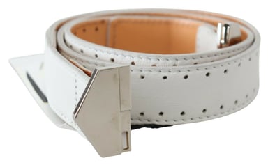 GF Ferre Women's White Leather Hexagon Logo Buckle Waist Belt