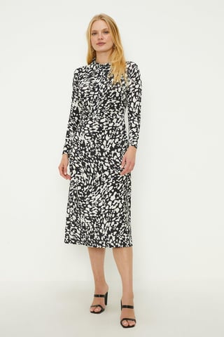 Petite Mono Print Ruched Waist Midi Shirt Dress