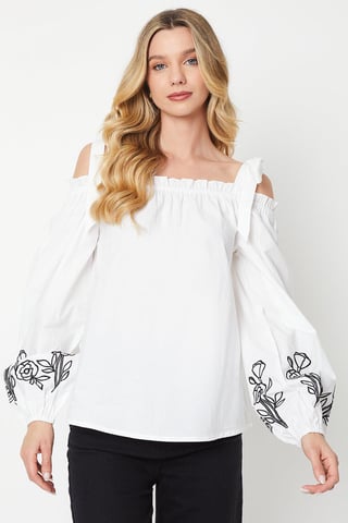 Cutwork Sleeve Poplin Tie Shoulder Top