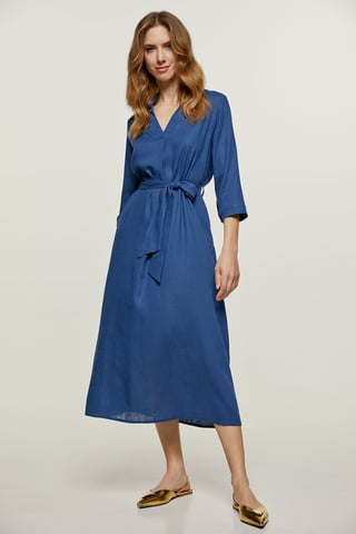 Blue Linen Style Midi Dress with Belt