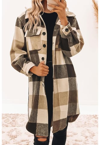 Women's Plaid Button-Down Long Shacket in Khaki