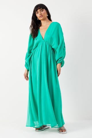 Chiffon Pleat Plunge Neck Batwing Midaxi Dress