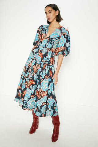Detailed Pintuck Puff Sleeve Cotton Poplin Midi Dress