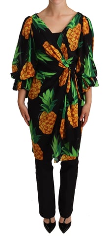 Dolce & Gabbana Kvinnors Svart Ananastryck Wrap Stretch Silke Klänning