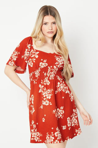 Red Ditsy Shirred Waist Mini Dress