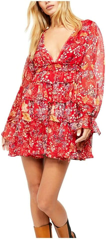 Free People Women's Dress Red Floral-Print Tiered A-Line