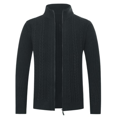 Men's Cardigan with Zip Cardigan Chunky Knit with Stand-Up Collar Black