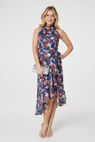 Blue Floral Frill Hem Midi Halter Dress