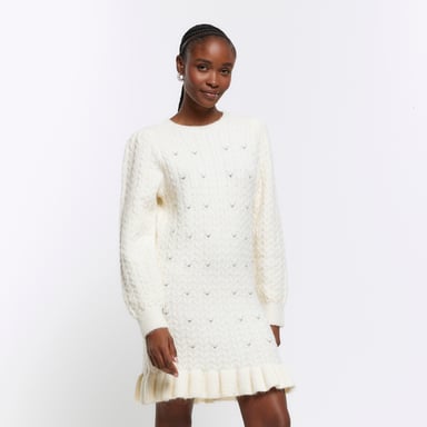 River Island Womens Jumper Mini Dress Cream Cable Knit