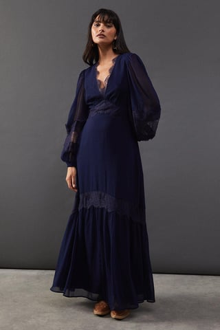 Chiffon Lace Insert Plunge Neck Maxi Dress