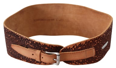 Scervino Street Brown Wide Leather Embroidered Design Logo Women's Belt