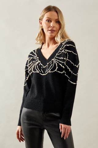 Pearl Embellished V Neck Knitted Jumper