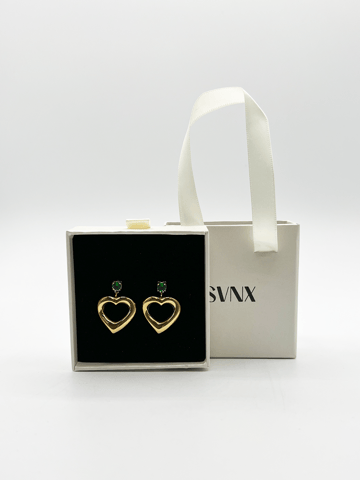 Heart Drop Earrings in Gold with Green Stone - Gift Boxed