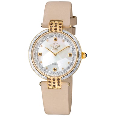 GV2 Matera dames Zwitsers quartz wit parelmoer wijzerplaat ecru suède band diamanten horloge