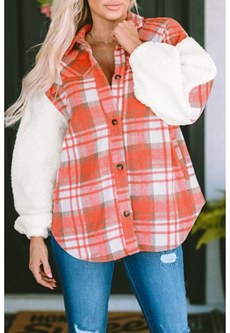 Women's Sherpa Sleeve Plaid Print Shacket in Red
