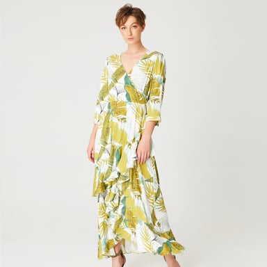 Tropical print frilled midi dress with cross bust