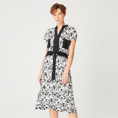 Robe bi matière à imprimé floral monochrome et ceinture à coulisse