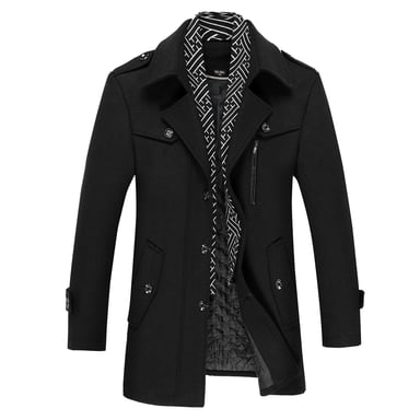 Men's Winter Thickened Solid Color Lapel Casual Wool Coat with Striped Collar Camel Black