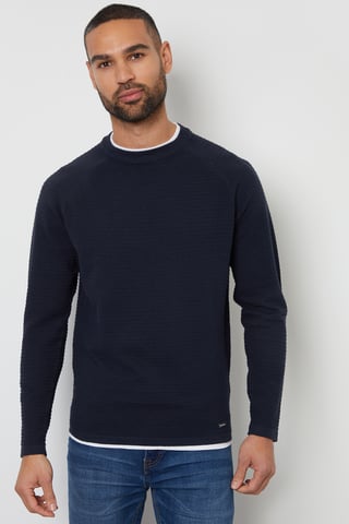 Navy Textured Mock T-Shirt Crew Neck Jumper