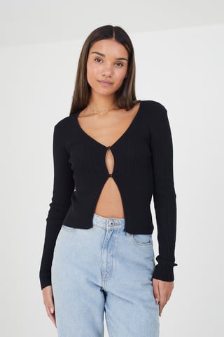 Black 'Sasha' Ribbed Knitted V-Neck Cardigan