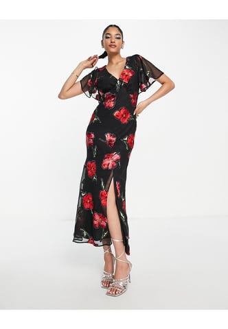 ASOS DESIGN fluted sleeve maxi dress with cut out back in jacquard rose print-Multi