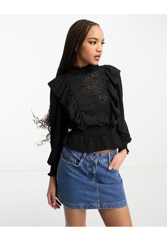 Miss Selfridge long sleeve cutwork frill top-Black