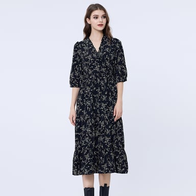 Cross-heart liberty print dress with frilled neckline