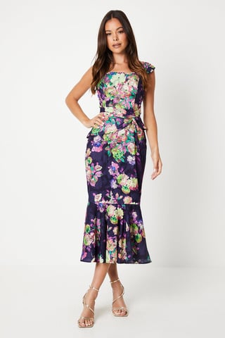 Printed Twist Detail Georgette Jacquard Midi Dress