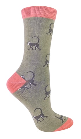 Miss Sparrow - Dames Animal Design BamboeSokken - Monkey (Olive)