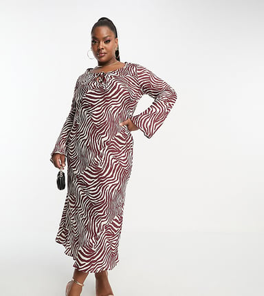 ASOS DESIGN Curve tie front long sleeve midi dress in zebra print-Multi