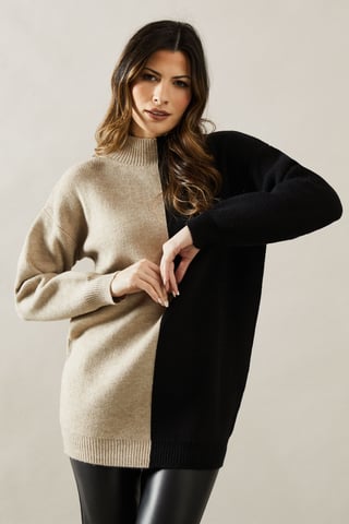Colour Block High Neck Knitted Tunic