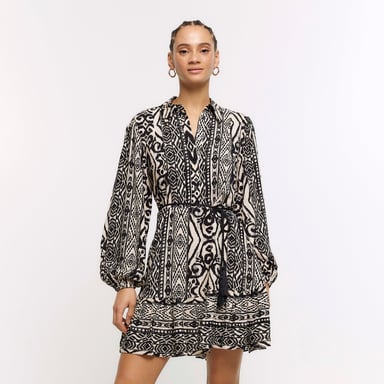 River Island Womens Mini Shirt Dress Black Aztec Belted