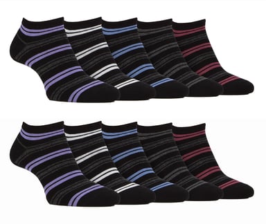 10 Pairs Mens Bamboo Trainer Socks | Farah | Striped Cushioned Ankle Socks - Black Stripe