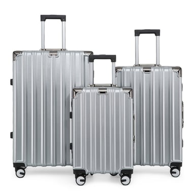 Hardshell Silver Resväska Set Robust 8 Hjul Bagage Kabinväska Väska