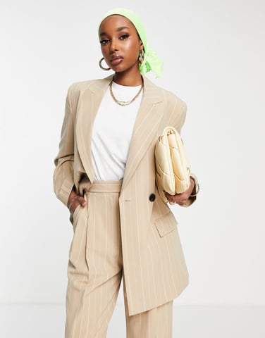 ASOS DESIGN asymetric suit blazer in pinstripe camel-Blonde