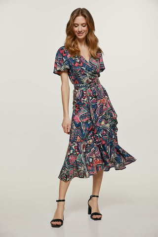 Print Ruffle Detail Wrap Dress
