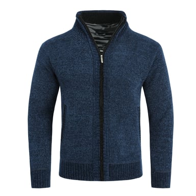 Men's Cardigan with Zip and Stand-Up Collar, Lined Chunky Knit Pullover Navy Blue