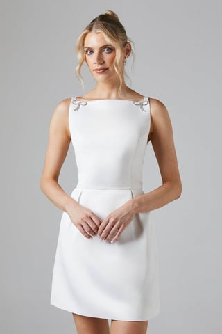 Boat Neck Mini Bow Structured Satin Bridal Mini Dress