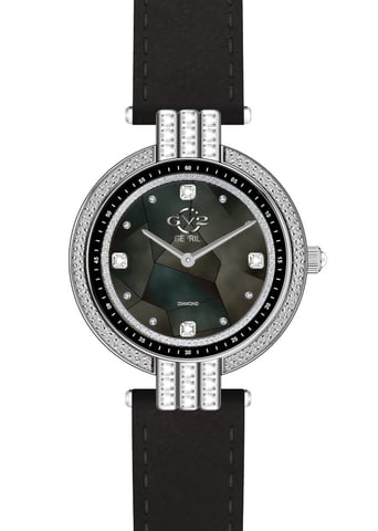 GV2 Matera dames Zwitsers quartz zwart parelmoer wijzerplaat zwart suède band diamanten horloge